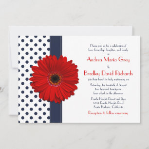 Navy Polka Dot Red Daisy Wedding Einladung