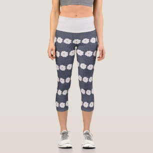 Navy Polka Dots & Big White Blume Capri Leggings