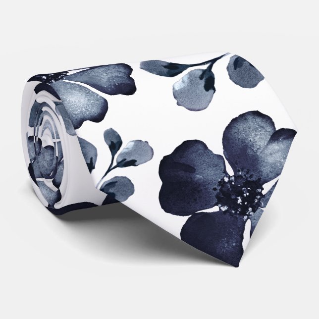 Navy Poppy Dusty Blue Greenerity Wasserfarbenhochz Krawatte (Gerollt)