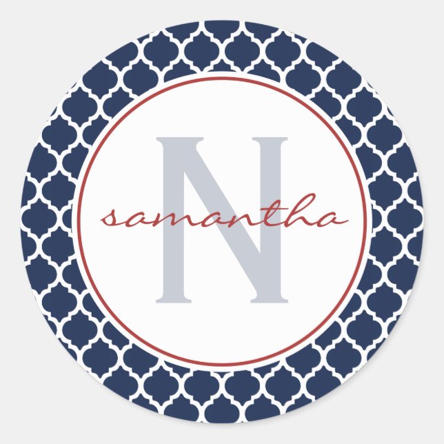 Navy Quatrefoil Monogramm Runder Aufkleber (Vorderseite)