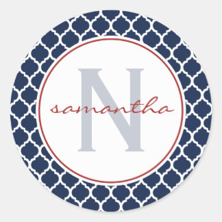 Navy Quatrefoil Monogramm Runder Aufkleber