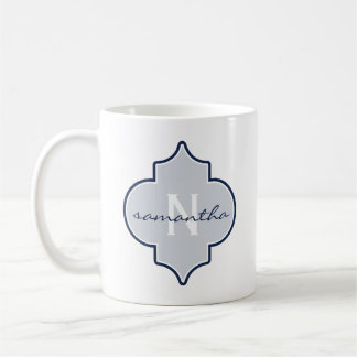 Navy Quatrefoil Monogramm Tasse