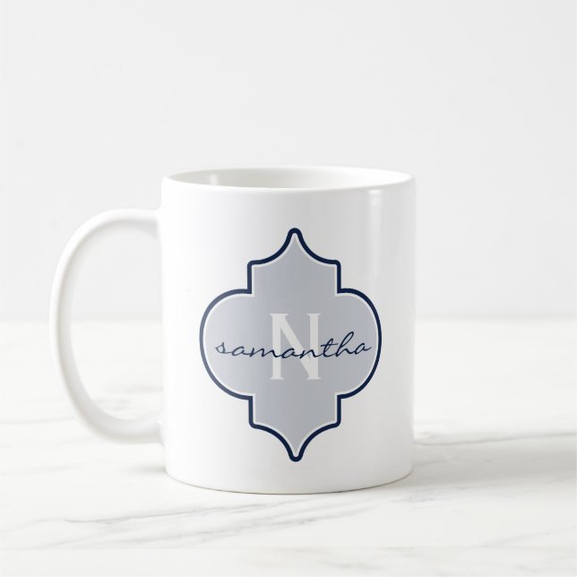 Navy Quatrefoil Monogramm Tasse (Links)