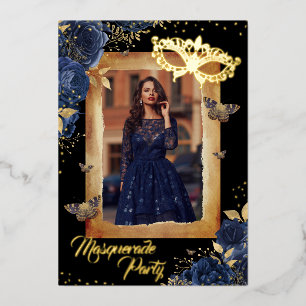Navy Quinceanera Foto Masquerade Party Rose Folieneinladung