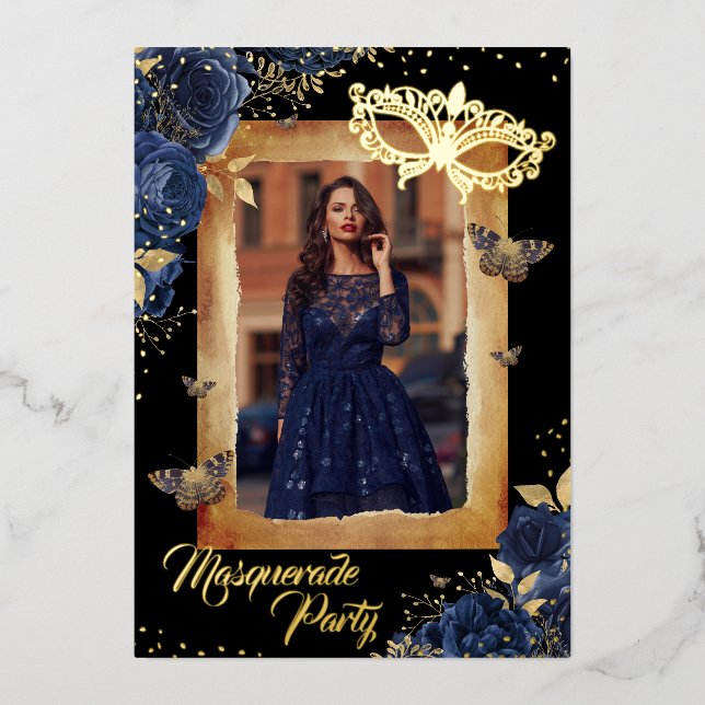 Navy Quinceanera Foto Masquerade Party Rose Folieneinladung (Vorderseite)