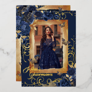 Navy Quinceanera Foto Rose Gold Butterfly Folieneinladung