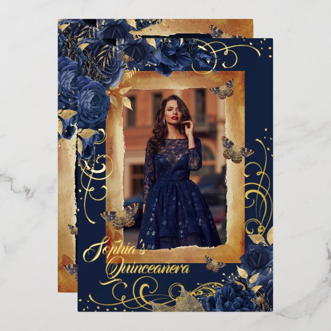 Navy Quinceanera Foto Rose Gold Butterfly Folieneinladung (Vorderseite/Rückseite)