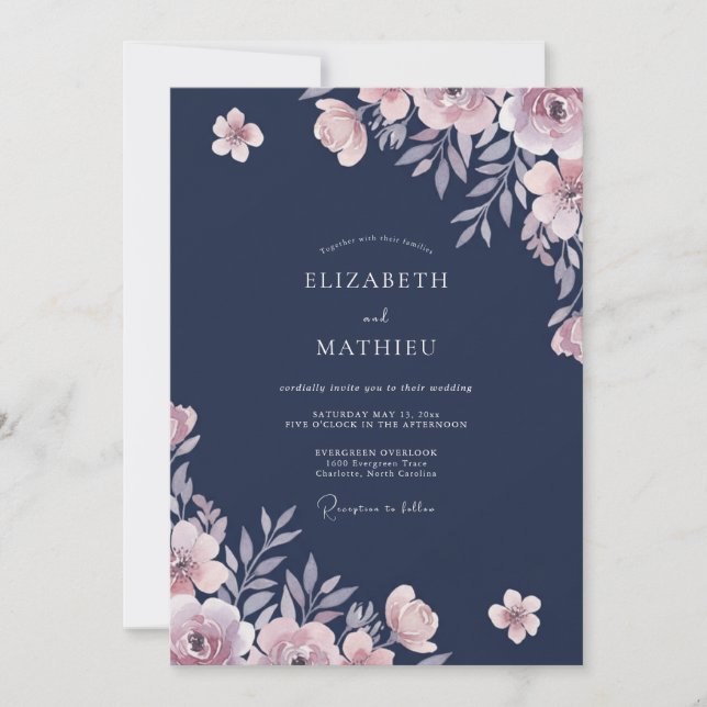 Navy Ranunculus Eukalyptus Hochzeit Einladung (Vorderseite)