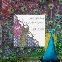 Navy & Raspberry Peacock Damask Save the Date