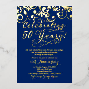 Navy Real Gold 50. Hochzeitstag Folieneinladung