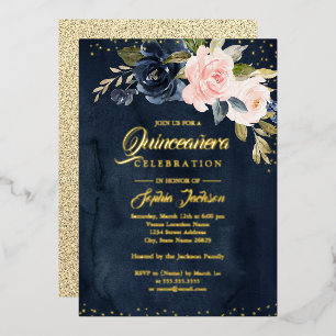 NAVY REAL GOLD FOIL Blush Pink Floral Quinceanera Folieneinladung