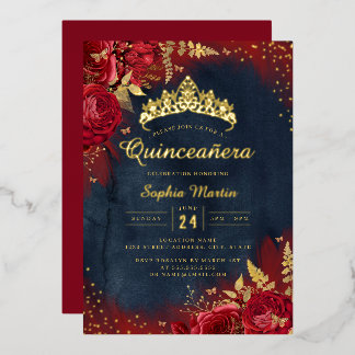 Navy Red Gold Butterfly Floral Quinceanera Folieneinladung