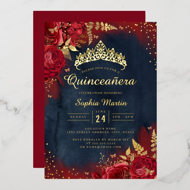 Navy Red Gold Butterfly Floral Quinceanera Folieneinladung (Vorderseite/Rückseite)