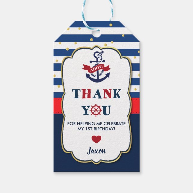 Navy Red Gold Nautic Ahoy Anchor Birthday Party Geschenkanhänger (Vorderseite)