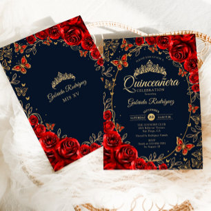 Navy Red Gold Quinceanera Einladung
