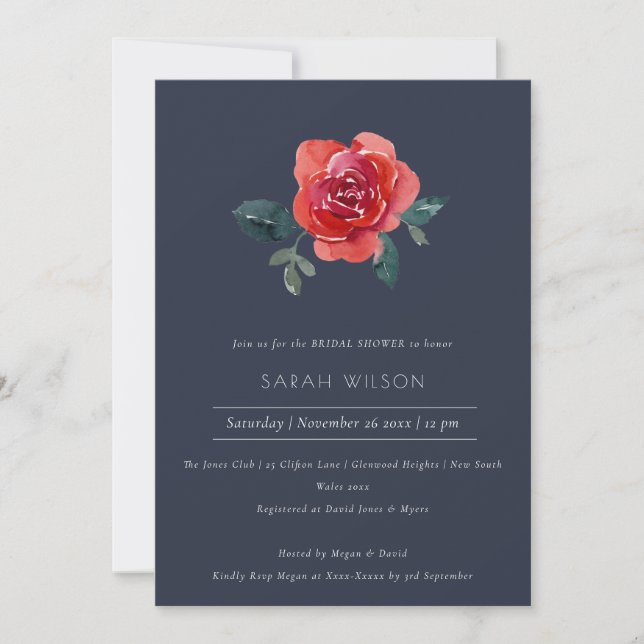 NAVY RED GREEN ROSE FLORAL BRAUTPARTY INVITE DANKESKARTE (Vorderseite)