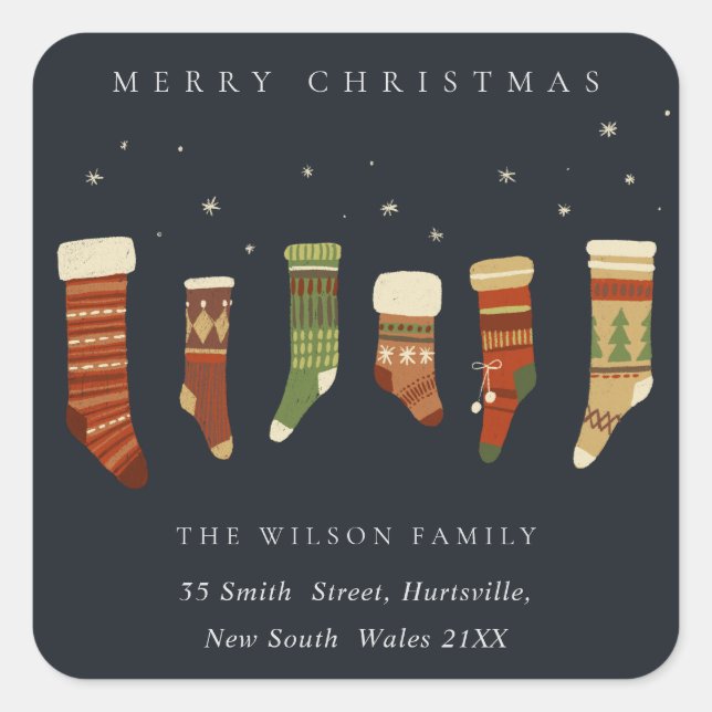 NAVY RED GREEN STAR CHIRSTMAS STRUMPF ADRESSE QUADRATISCHER AUFKLEBER (Vorderseite)