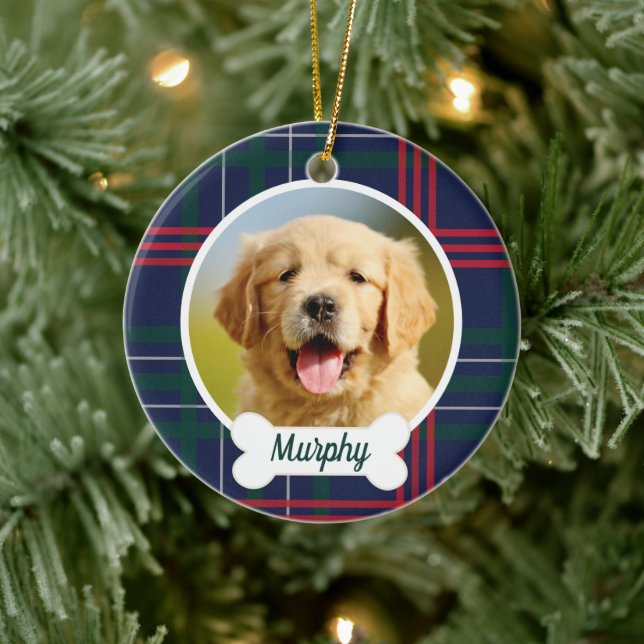 Navy Red Green Tartan Pläd Custom Dog Foto Keramik Ornament (Baum)