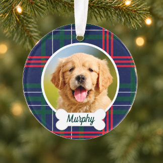Navy Red Green Tartan Pläd Custom Dog Foto Ornament