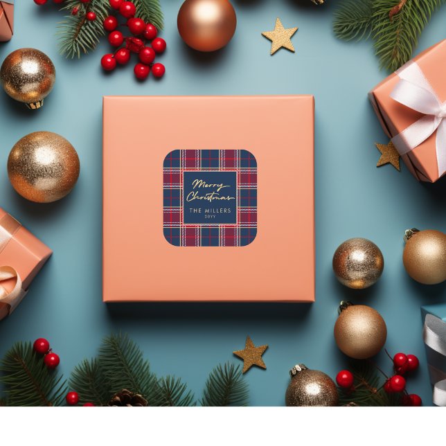 Navy Red Tartan Kariert Moderne Elegante Minimalis Quadratischer Aufkleber (Navy Red Tartan Plaid Modern Elegant Minimalist Square Sticker)