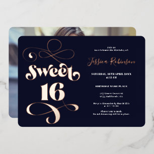Navy Retro Drehbuch Foto Sweet 16 Rose Gold Folieneinladung