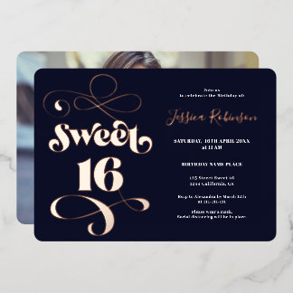Navy Retro Drehbuch Foto Sweet 16 Rose Gold Folieneinladung