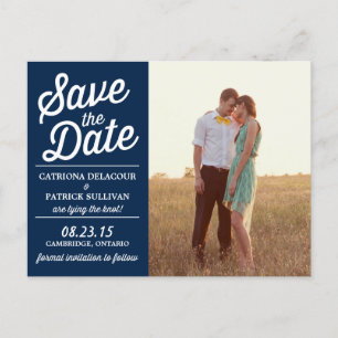 Navy Retro Script Foto Save the Date Postcard Ankündigungspostkarte
