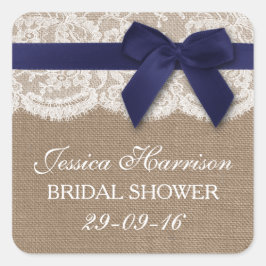 Navy Ribbon on Burlap & Lace Brautparty Quadratischer Aufkleber
