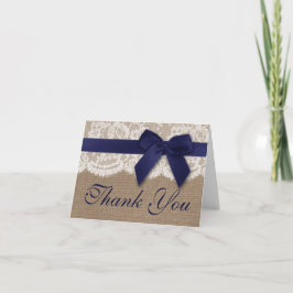 Navy Ribbon on Burlap & Lace Wedding Vielen Dank Dankeskarte