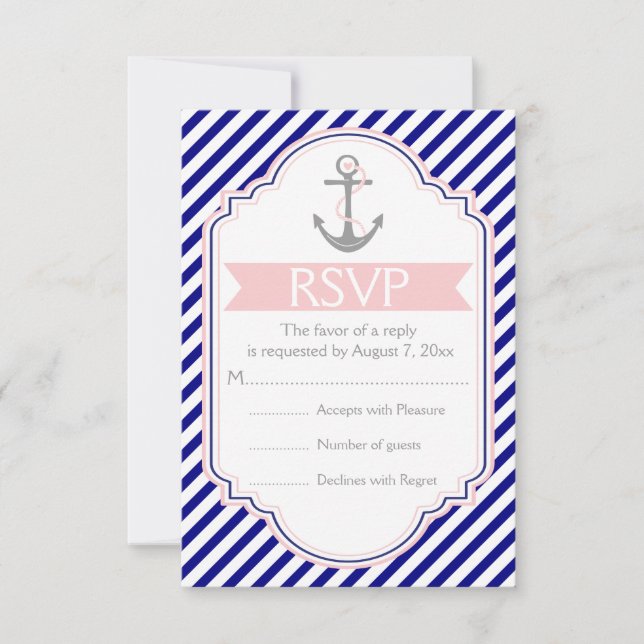Navy, rosa Anker nautische Hochzeit RSVP (Vorderseite)