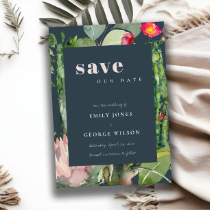 NAVY-ROSA BLUMEN- WÜSTENKAKTUS-BLATTWERK WASSERFAR SAVE THE DATE