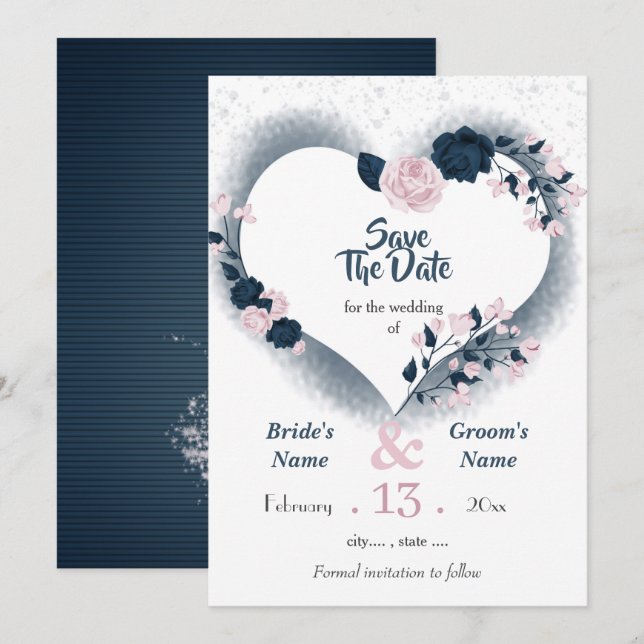 Navy & Rosa Blumenherz Save the Date (Vorne/Hinten)