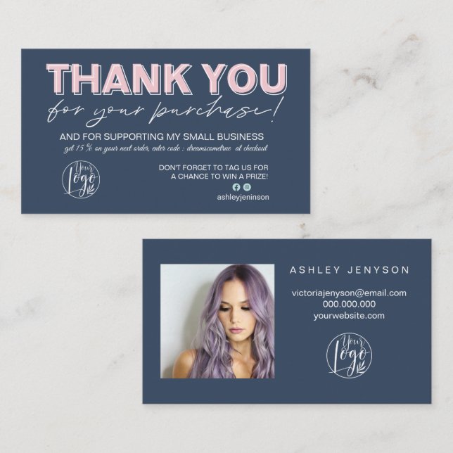 Navy Rosa Drehbuch Foto Logo-Bestellung Vielen Dan Visitenkarte (Vorne/Hinten)