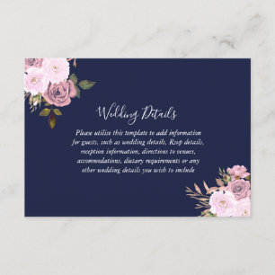 Navy-Rosa-Gold-Blumen-Hochzeitsempfangsdetails Begleitkarte