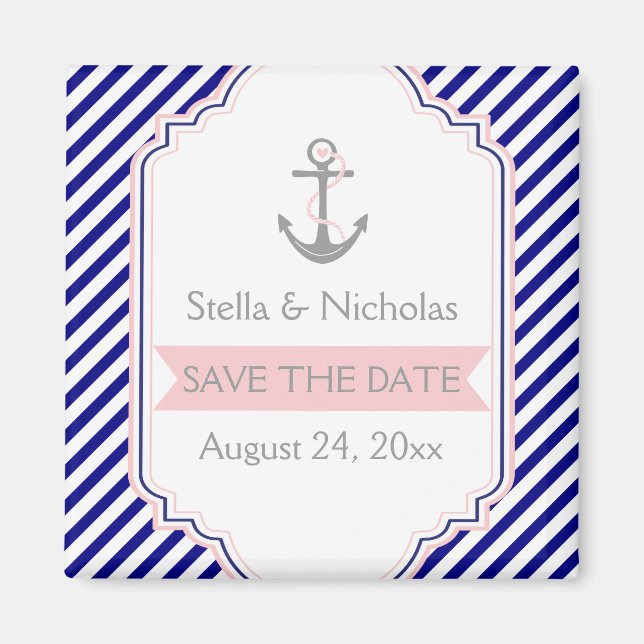 Navy, rosa nautische Hochzeit Save the Date Magnet (Vorne)