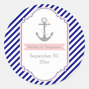 Navy, rosa nautische Hochzeit Save the Date Runder Aufkleber