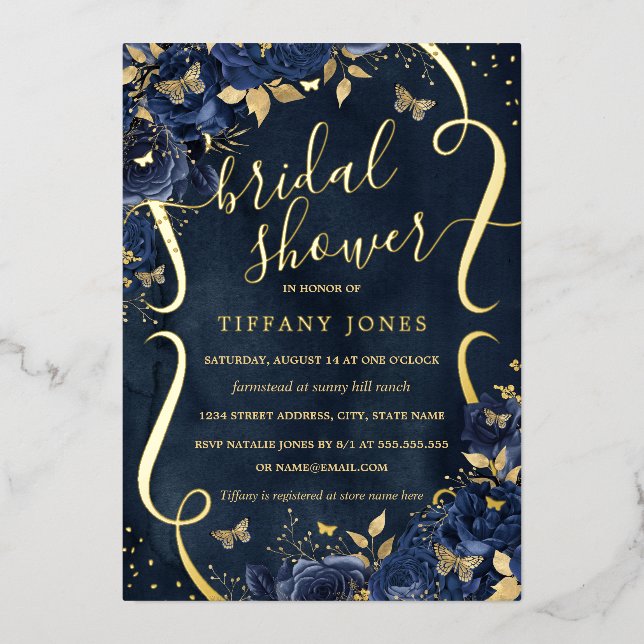 Navy Rose Floral Butterfly Brautparty Folieneinladung (Vorderseite)