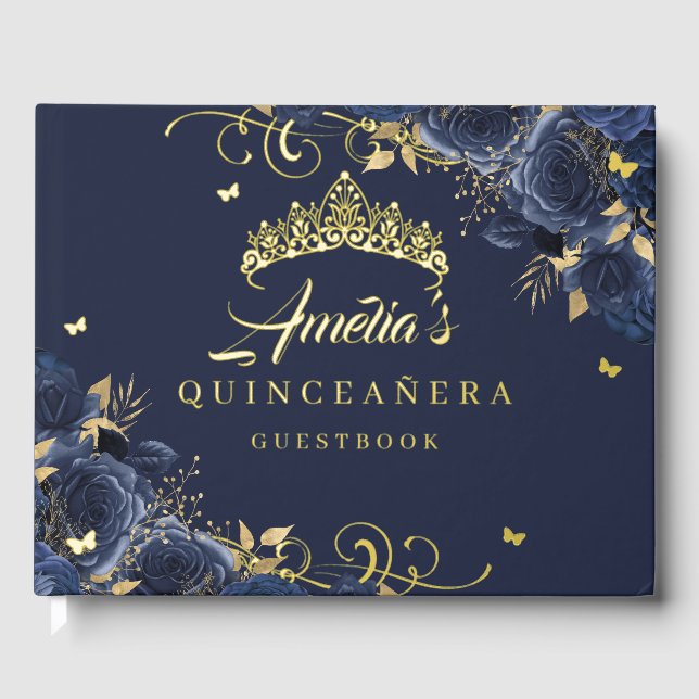 Navy Rose Floral Swirl Quinceanera Gold Gästebuch (Vorderseite)