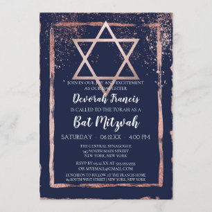Navy Rose Gold Confetti Brushstroke Bat Mitzvah Einladung