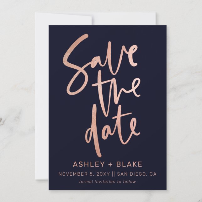 Navy Rose Gold Einfache handgeschriebene Kalligraf Save The Date (Vorderseite)
