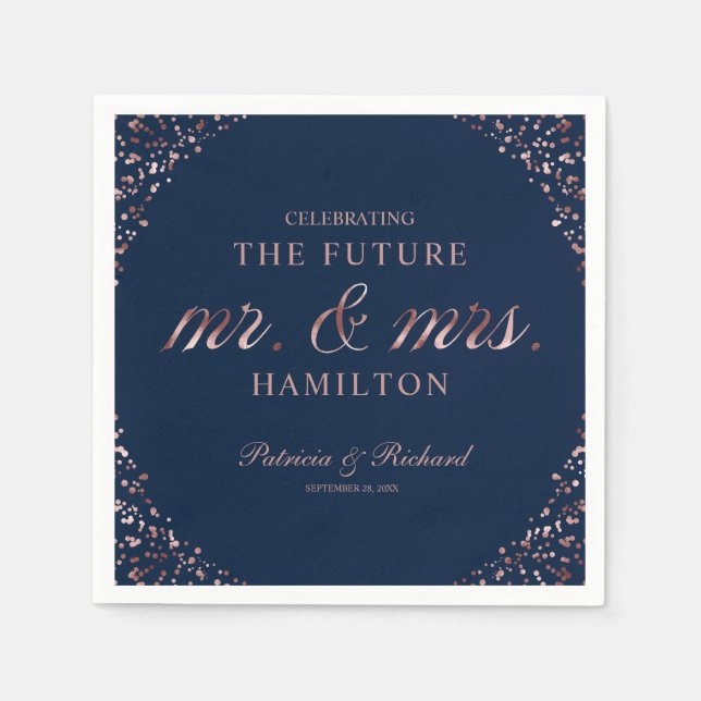 Navy Rose Gold Future Mr. und Mrs. Engagement Part Serviette (Vorderseite)
