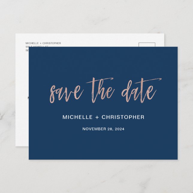 Navy & Rose Gold Glam Chic Save the Date Postkarte (Vorne/Hinten)