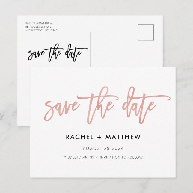Navy & Rose Gold Glam Chic Save the Date Postkarte (Vorne/Hinten)