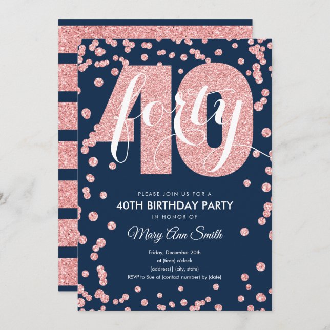Navy Rose Gold Glitzer 40. Geburtstag Party Einladung (Vorne/Hinten)