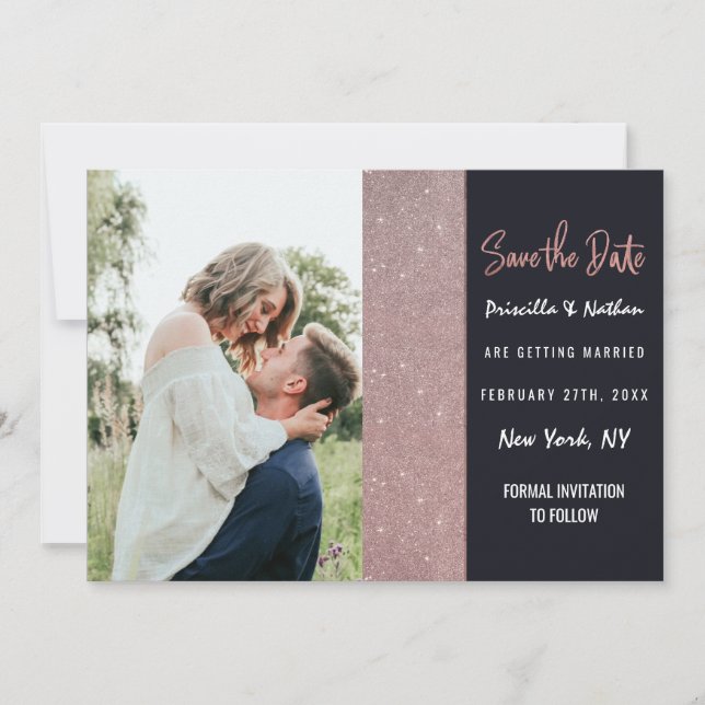 Navy Rose Gold Glitzer Color Block Save the Date (Vorderseite)