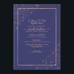 Navy Rose Gold Glitzer Confetti Corners Sweet 16 Einladung<br><div class="desc">Dieses elegante und moderne 16 . Geburtstag Geburtstagsfest lädt zu einem stilvollen und eleganten Event ein. Es verfügt über ein Imitat gedruckt funkelnd Rose Gold Glitzer Konfetti an den Ecken über eine dünne Rose goldrechteckigen Rand mit einem marineblau Hintergrund. Es ist schick, luxuriös, hübsch, einfach und trendig; das perfekte Design...</div>