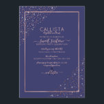 Navy Rose Gold Glitzer Confetti Corners Sweet 16 Einladung<br><div class="desc">Dieses elegante und moderne 16 . Geburtstag Geburtstagsfest lädt zu einem stilvollen und eleganten Event ein. Es verfügt über ein Imitat gedruckt funkelnd Rose Gold Glitzer Konfetti an den Ecken über eine dünne Rose goldrechteckigen Rand mit einem marineblau Hintergrund. Es ist schick, luxuriös, hübsch, einfach und trendig; das perfekte Design...</div>