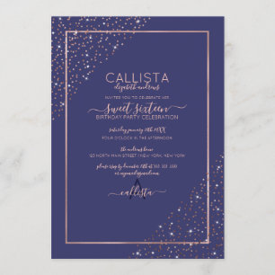 Navy Rose Gold Glitzer Confetti Corners Sweet 16 Einladung