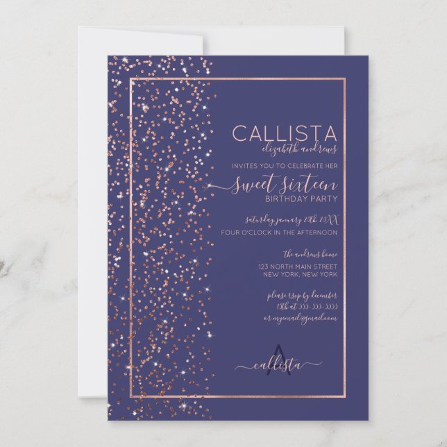 Navy Rose Gold Glitzer Confetti Side Sweet 16 Einladung (Vorderseite)