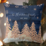 Navy Rose Gold Glitzer Winterwald Familienname Kissen<br><div class="desc">"Navy Rose Gold Glitzer Winter Forest Family Name Throw Kissen." Ihr Familienname in Skriptkalligrafie mit Schnörkeln zusammen mit dem festgelegten Jahr (oder Sie können zu jeder Nachricht ändern, die Sie bevorzugen). Reich marineblaue Aquarellfarben mit Holzfußboden und goldgelben Glitzer-Bäumen aus der Rose über einem schneebedeckten Hügel mit drei Hirschen und stilisierten...</div>